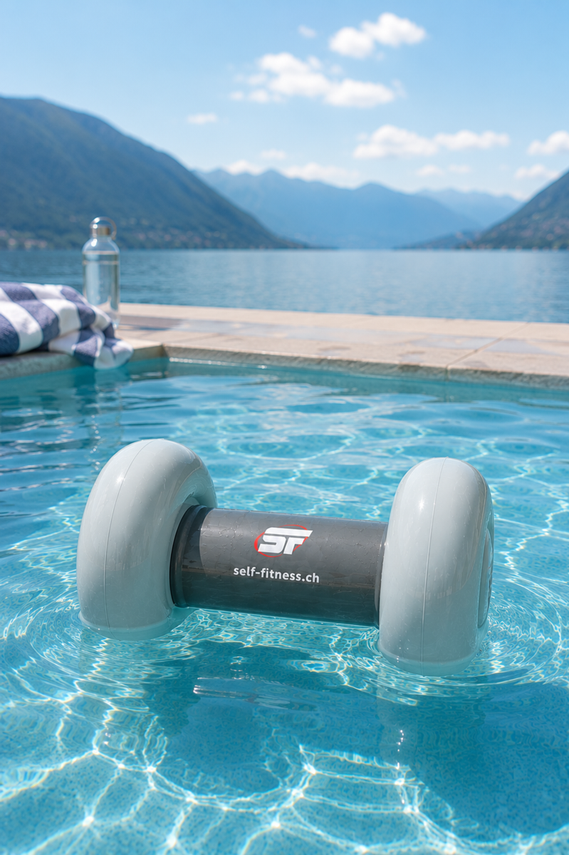 Aufblasbare Hantel schwimmt im Wasser, im Hintergrund ist der See und die Berge.
