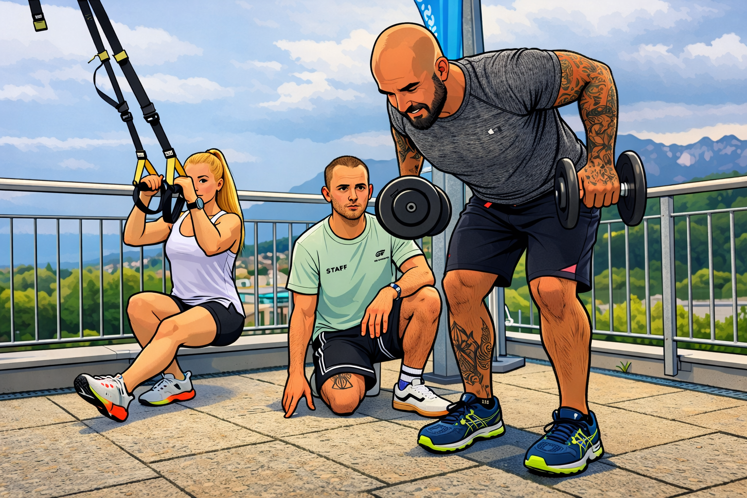 STAFF Mitglied leitet zwei Kunden während des Outdoor Trainings an. Die Kundin macht Pistol Squats am TRX und der Kunde trainiert mit Kurzhanteln.