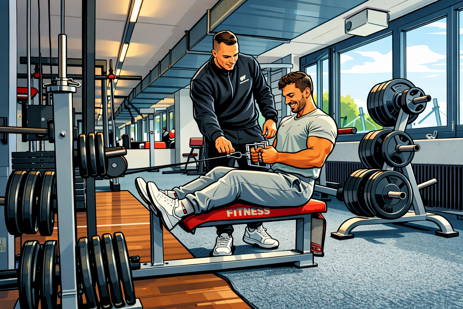 Trainer kontrolliert den Kunden bei der Übung Rundern am Seilzug mit engem Griff.